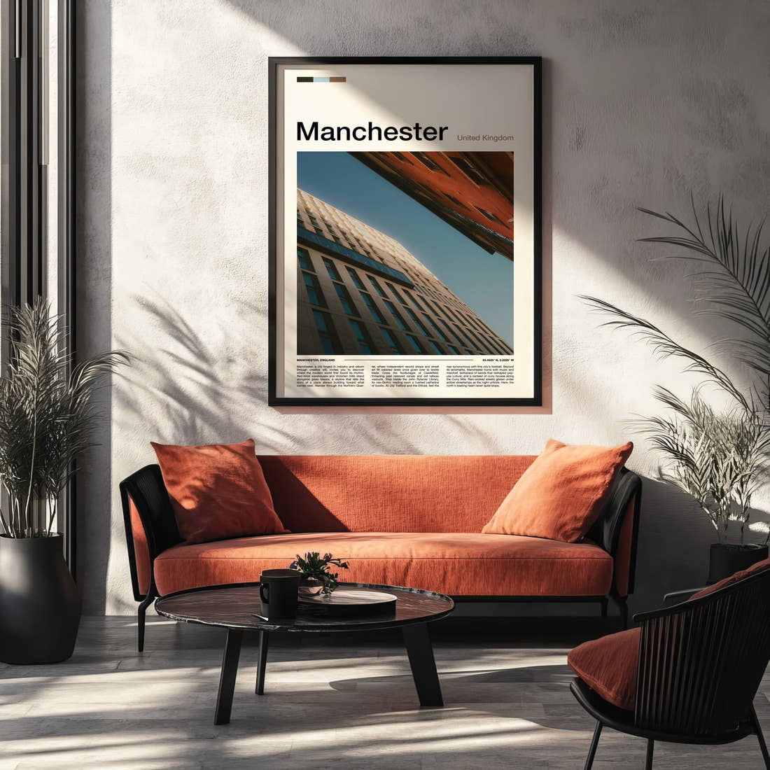 Manchester Upward Building Angle Travel Print framed on the wall of a modern living room