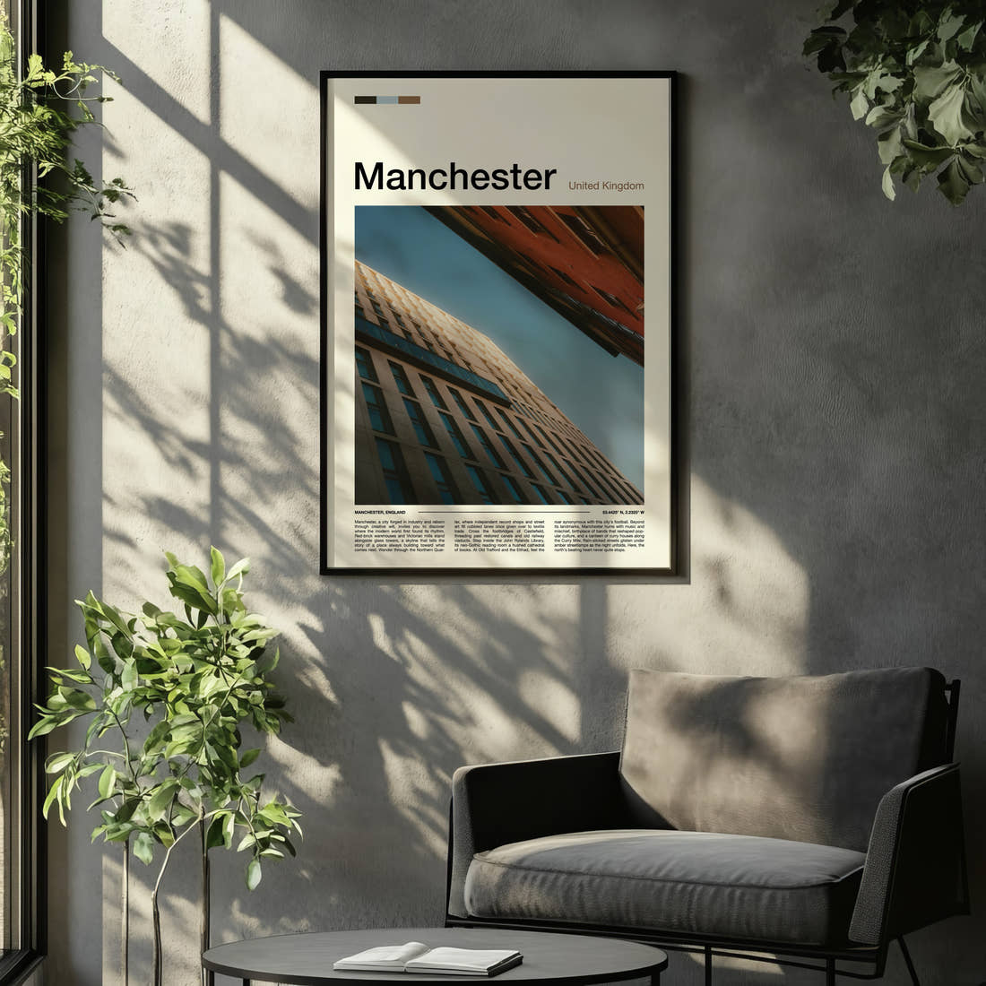 Manchester Upward Building Angle Travel Print framed on the wall of a relaxed living room