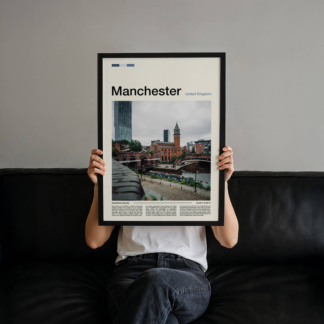Manchester Castlefield Canal View Travel Print held up by hand to show the size of the print