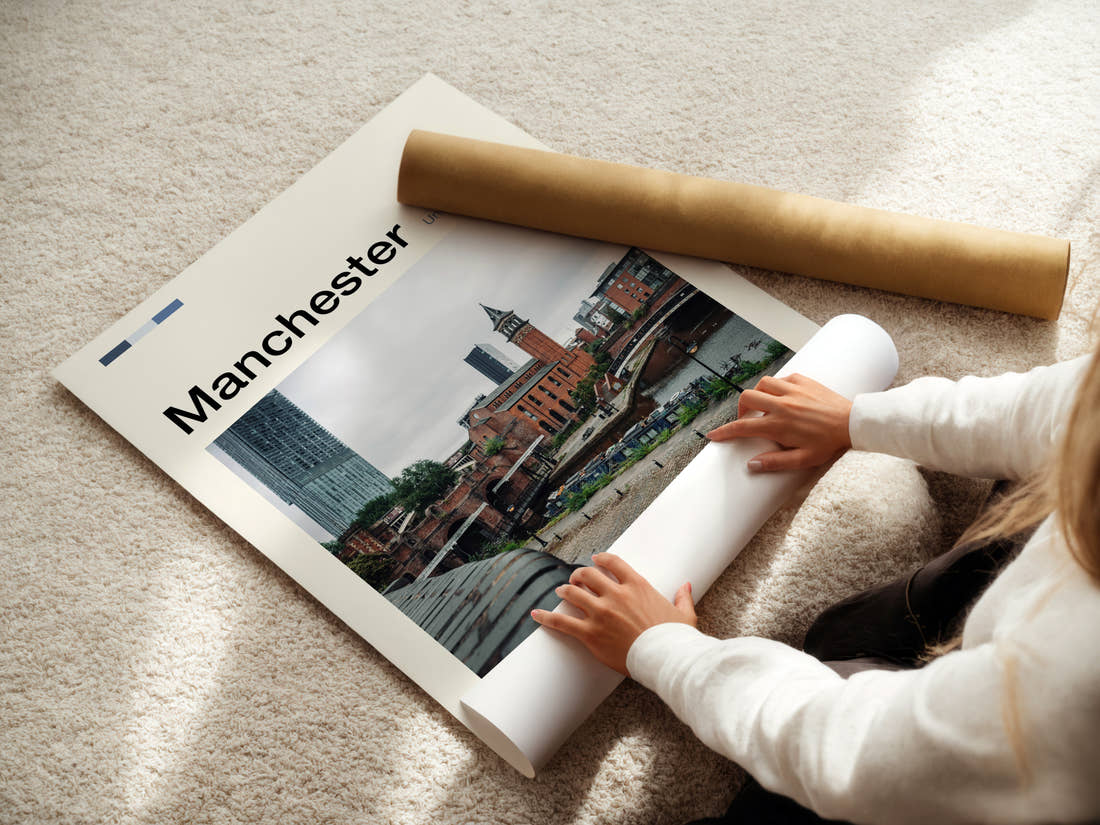 Manchester Castlefield Canal View Travel Print being unrolled from its postal tube