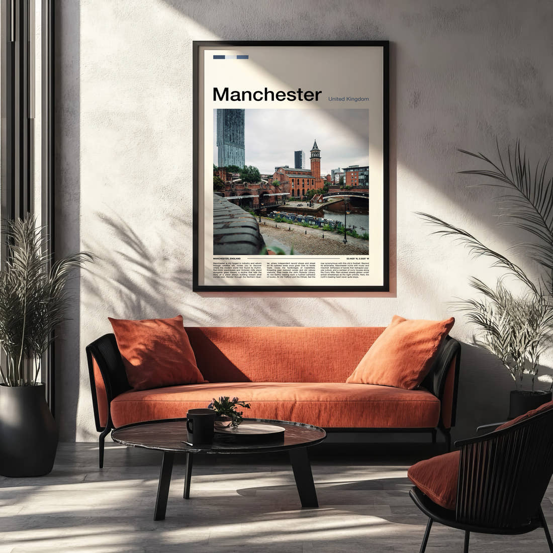Manchester Castlefield Canal View Travel Print framed on the wall of a modern living room