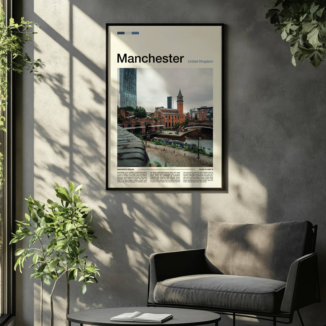 Manchester Castlefield Canal View Travel Print framed on the wall of a relaxed living room