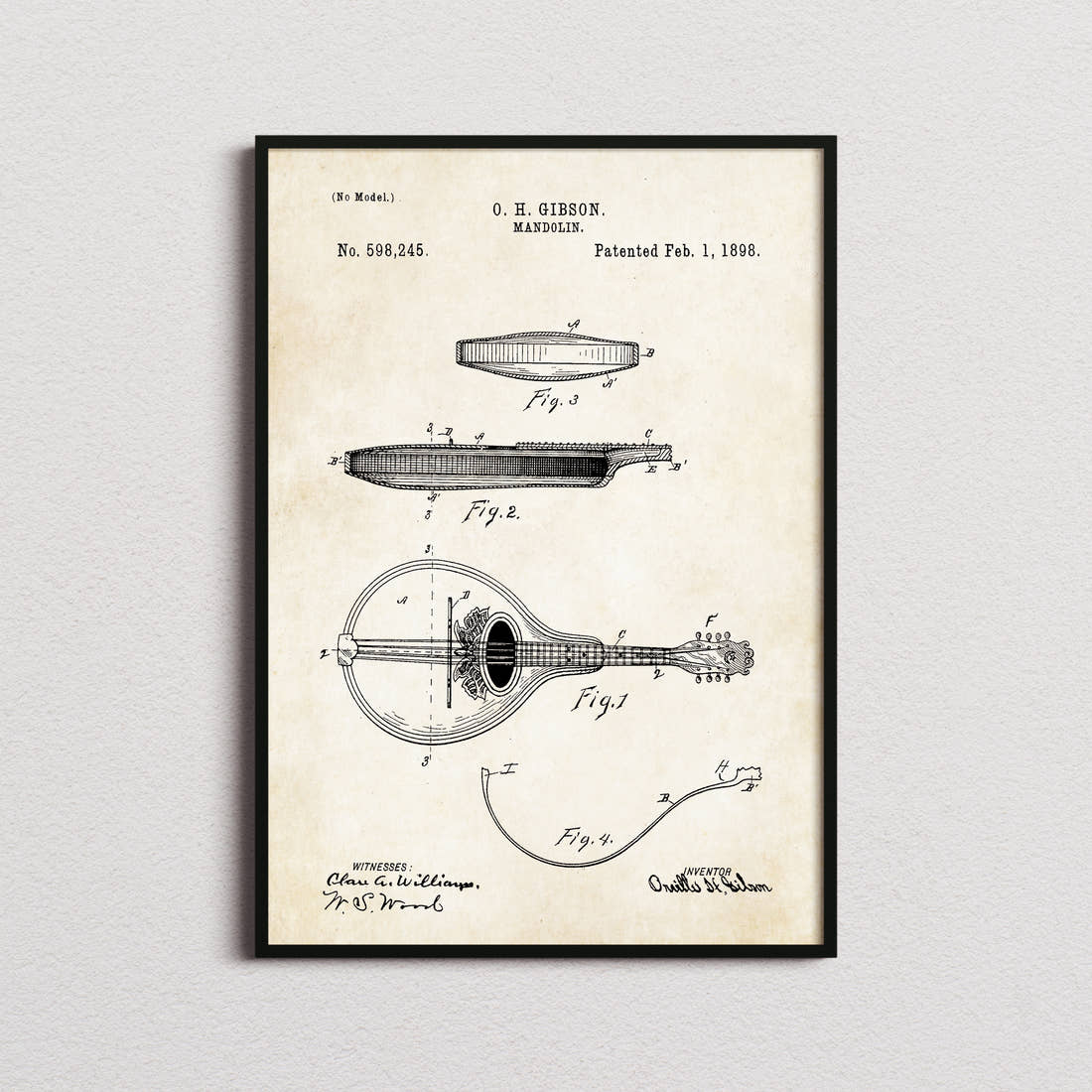 Mandolin Patent Print in the aged paper colourway, framed