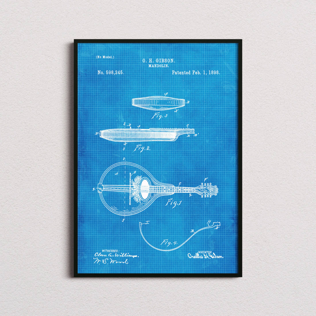 Mandolin Patent Print in the blueprint colourway, framed
