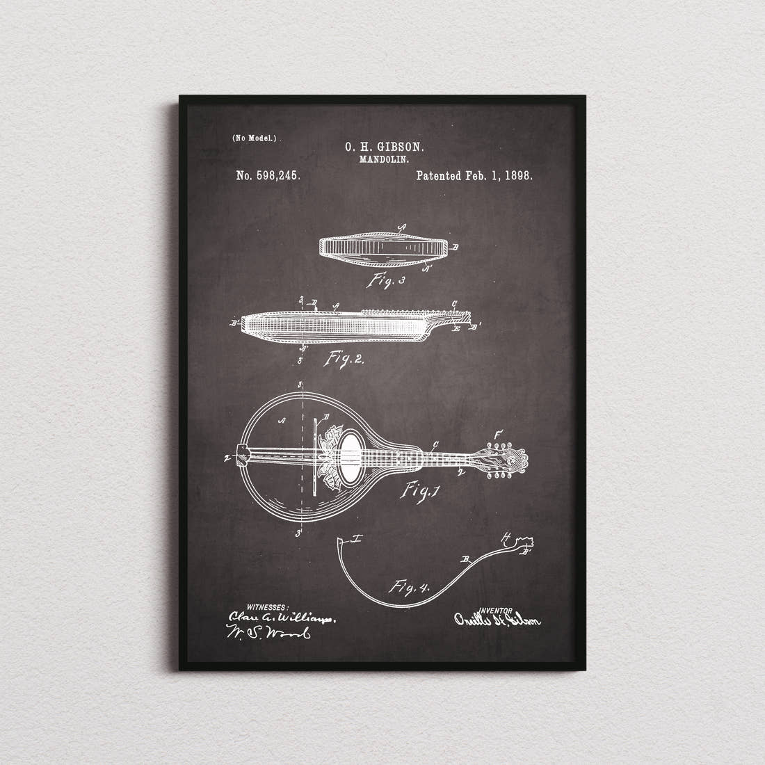 Mandolin Patent Print in the blackboard colourway, framed