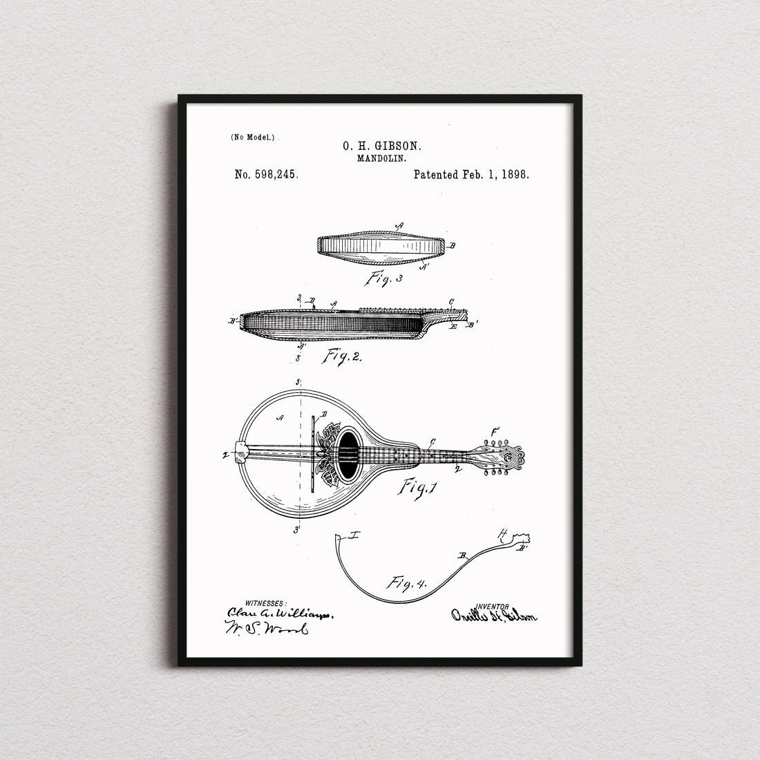 Mandolin Patent Print in the white colourway, framed