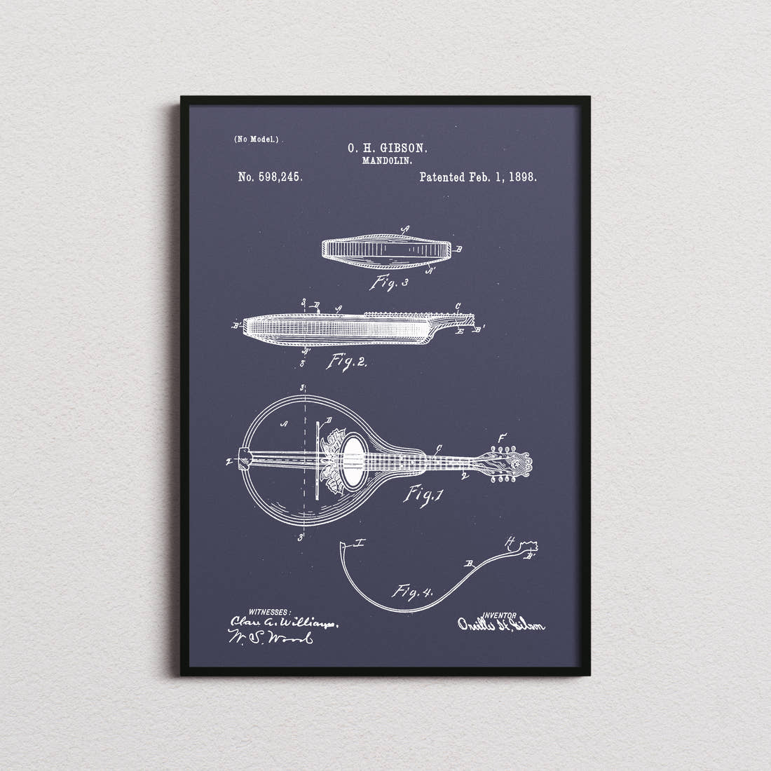 Mandolin Patent Print in the navy colourway, framed