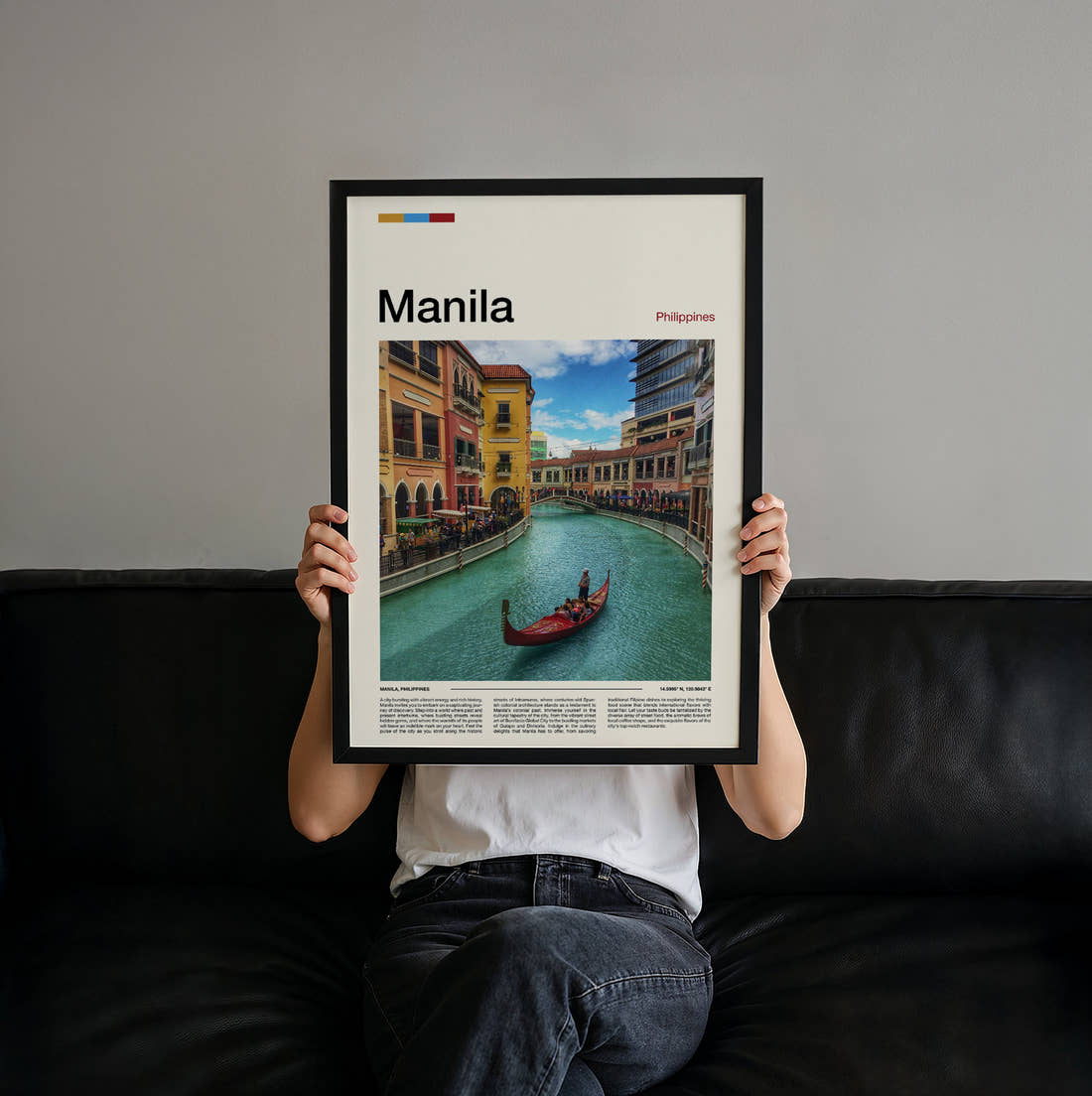 Manila Gondola On A Canal Travel Print held up by hand to show the size of the print
