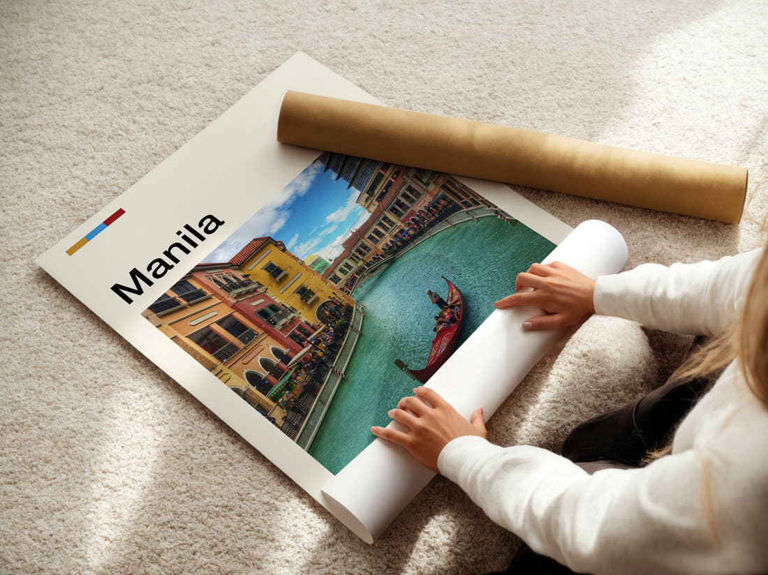 Manila Gondola On A Canal Travel Print being unrolled from its postal tube
