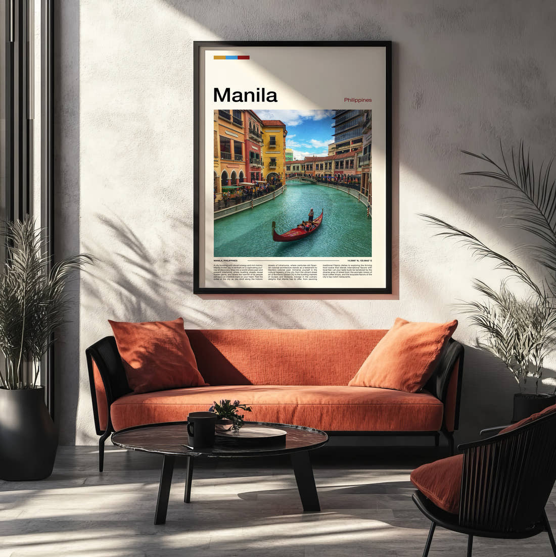 Manila Gondola On A Canal Travel Print framed on the wall of a modern living room