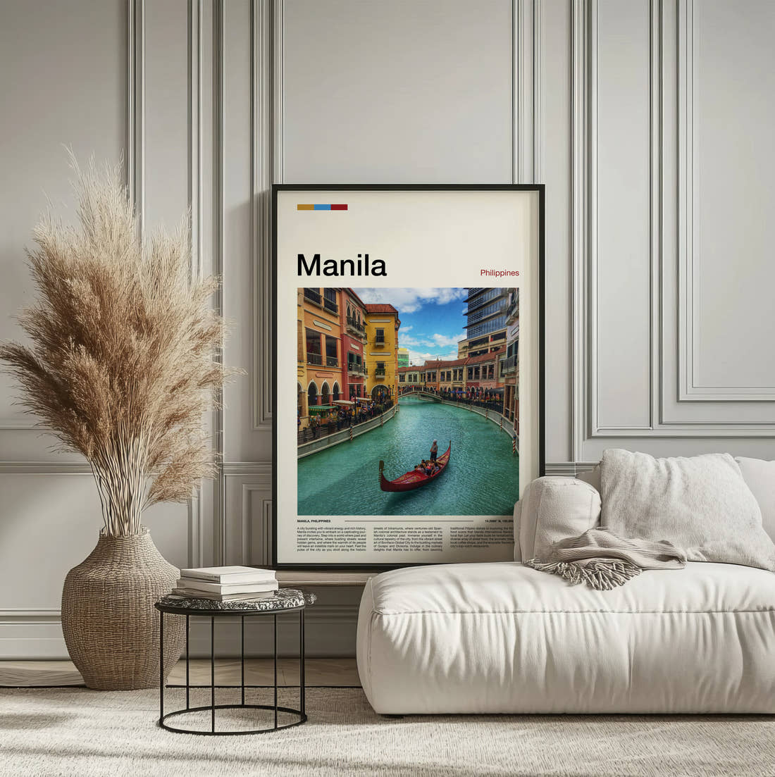 Manila Gondola On A Canal Travel Print framed on the wall of a calm, neutral bedroom