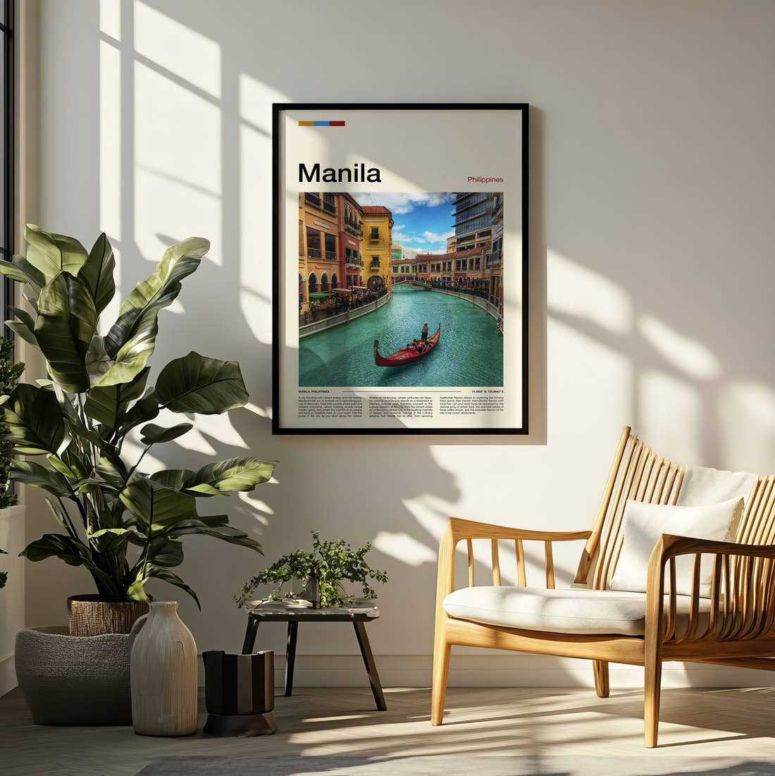 Manila Gondola On A Canal Travel Print framed on a pale wall beside houseplants