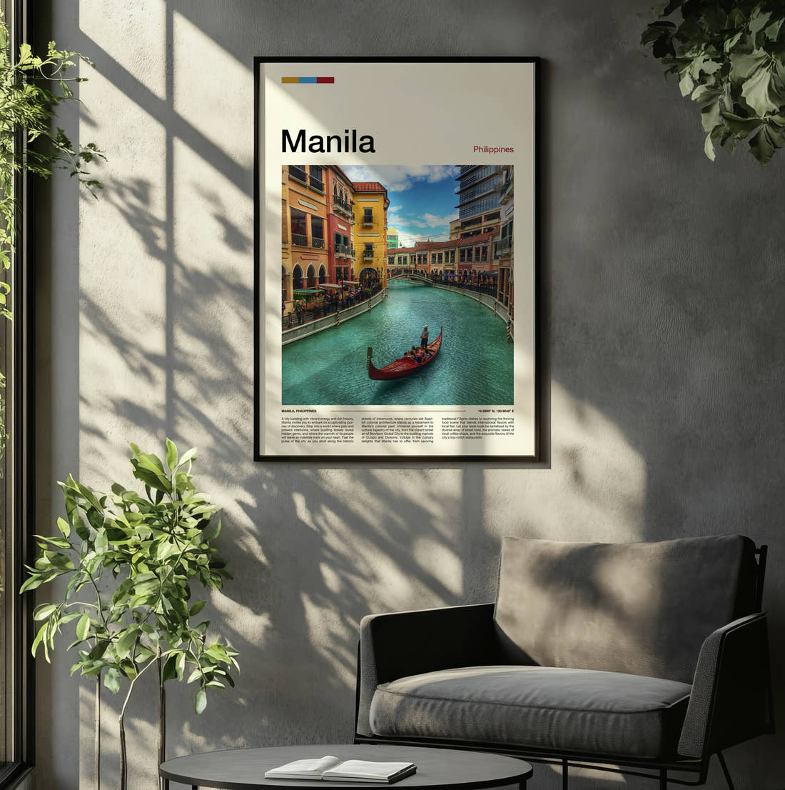 Manila Gondola On A Canal Travel Print framed on the wall of a relaxed living room