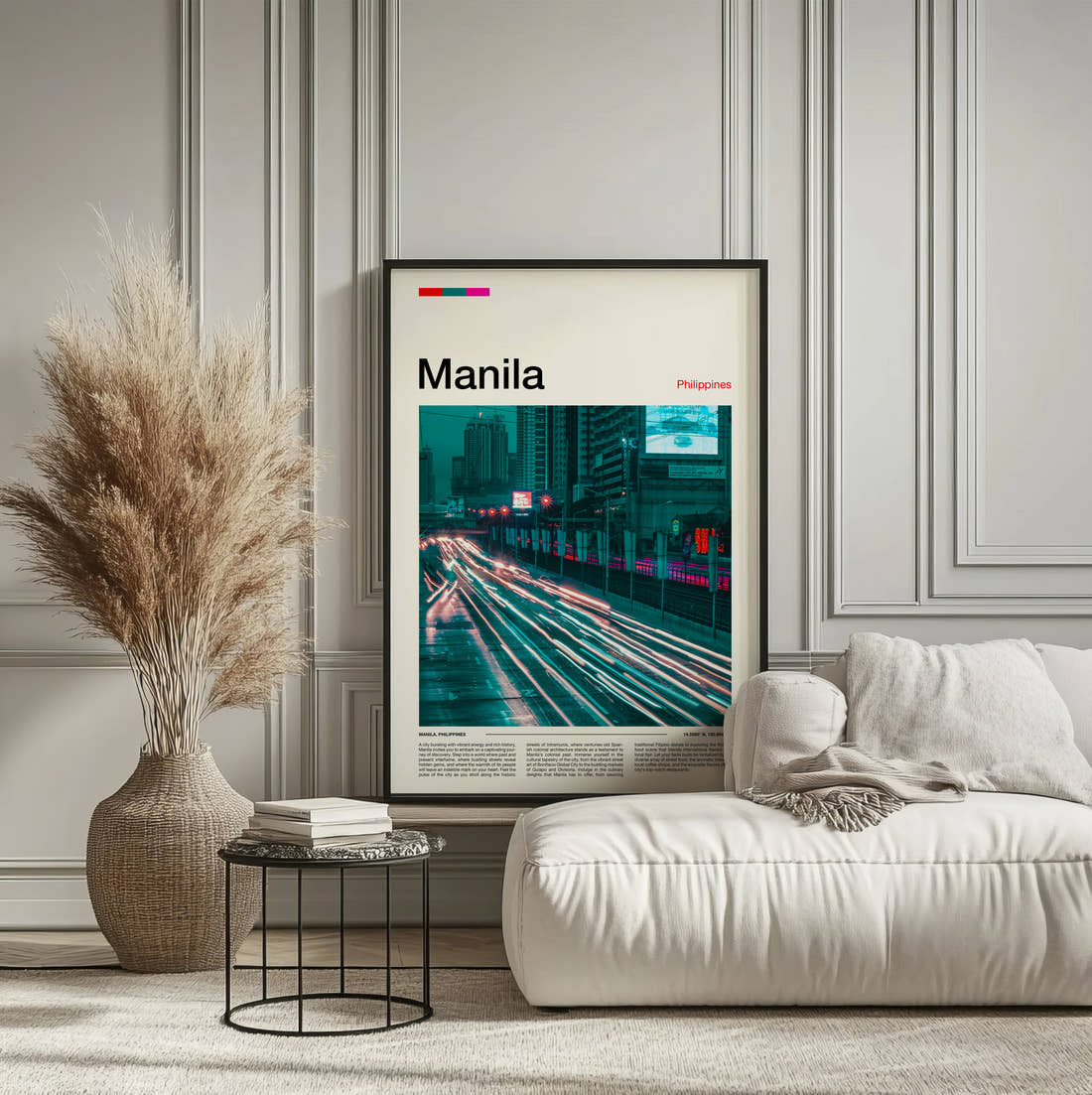 Manila Light Trails At Night Travel Print framed on the wall of a calm, neutral bedroom