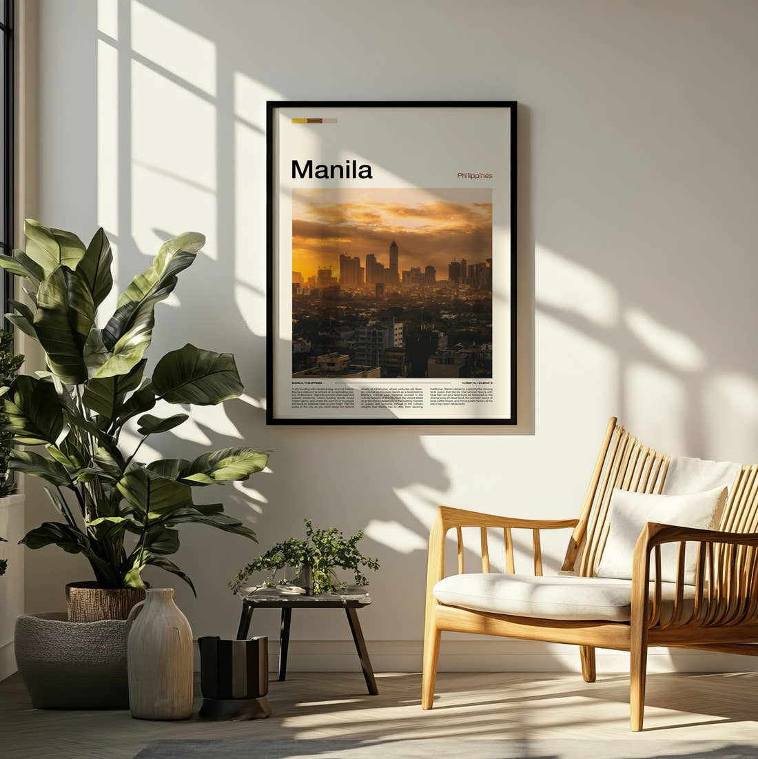 Manila Skyline At Sunset Travel Print framed on a pale wall beside houseplants