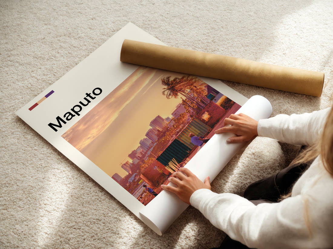 Maputo Waterfront At Sunset Travel Print being unrolled from its postal tube