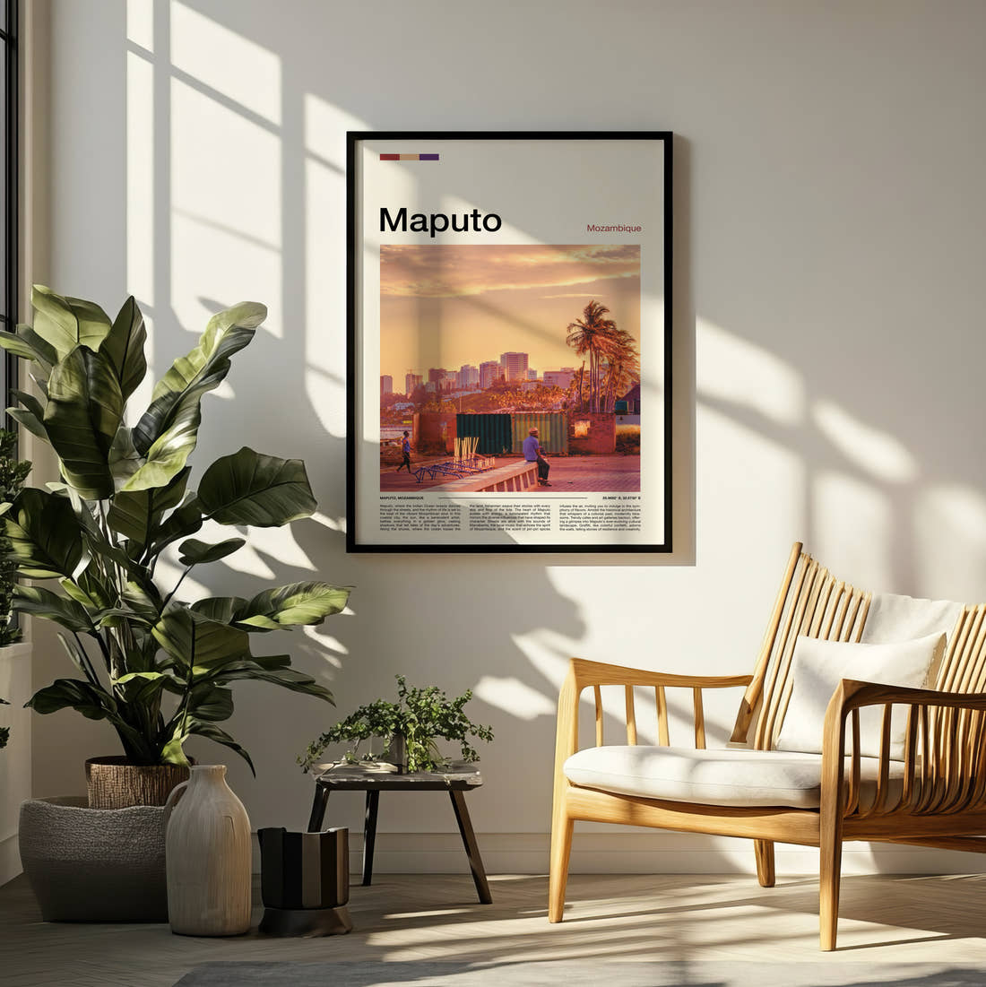 Maputo Waterfront At Sunset Travel Print framed on a pale wall beside houseplants