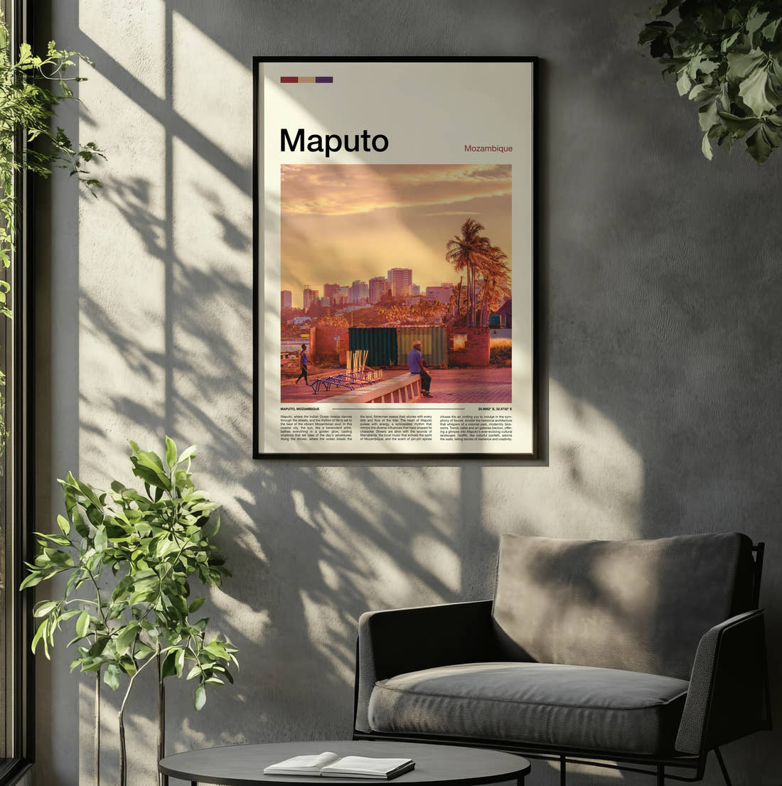 Maputo Waterfront At Sunset Travel Print framed on the wall of a relaxed living room