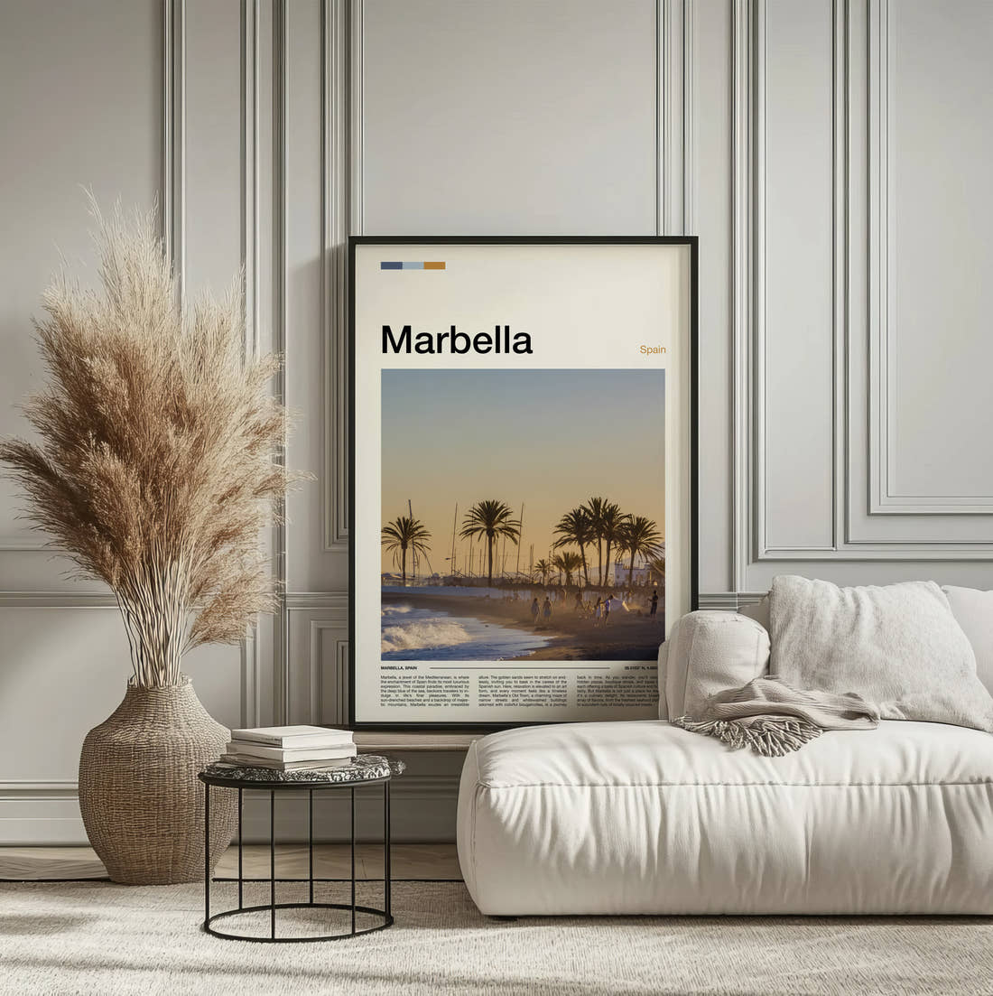 Marbella Palms Along The Beach Travel Print framed on the wall of a calm, neutral bedroom