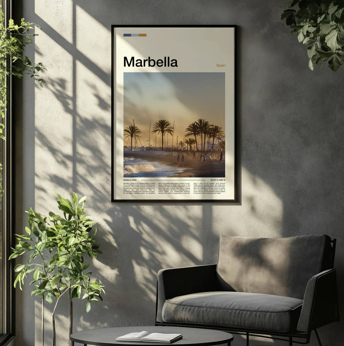 Marbella Palms Along The Beach Travel Print framed on the wall of a relaxed living room