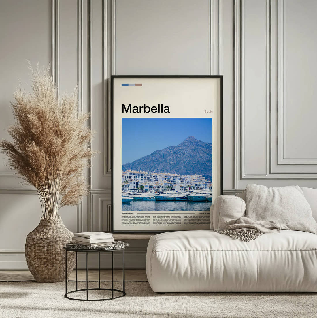 Marbella Marina Below The Mountain Travel Print framed on the wall of a calm, neutral bedroom