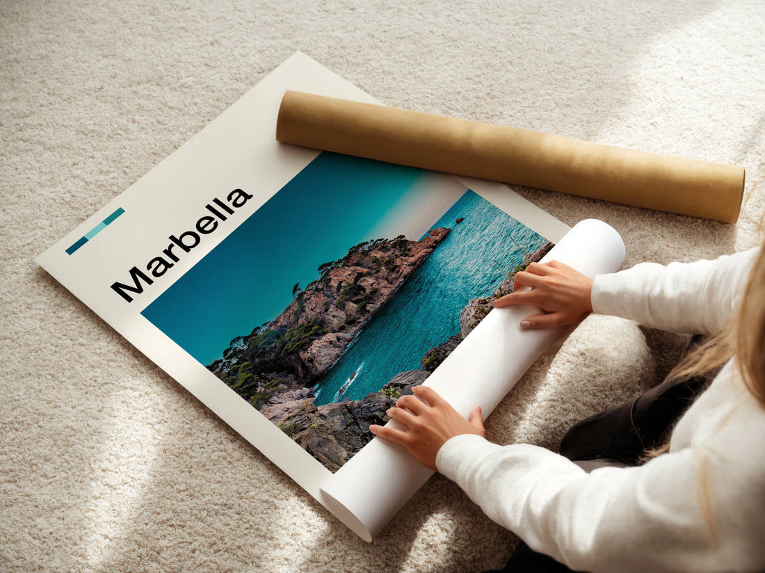 Marbella Rocky Coastline Travel Print being unrolled from its postal tube