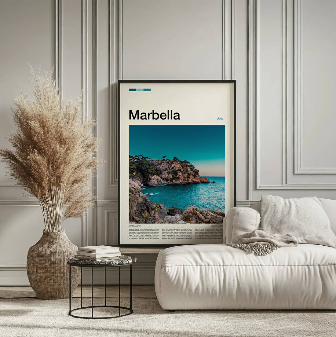 Marbella Rocky Coastline Travel Print framed on the wall of a calm, neutral bedroom