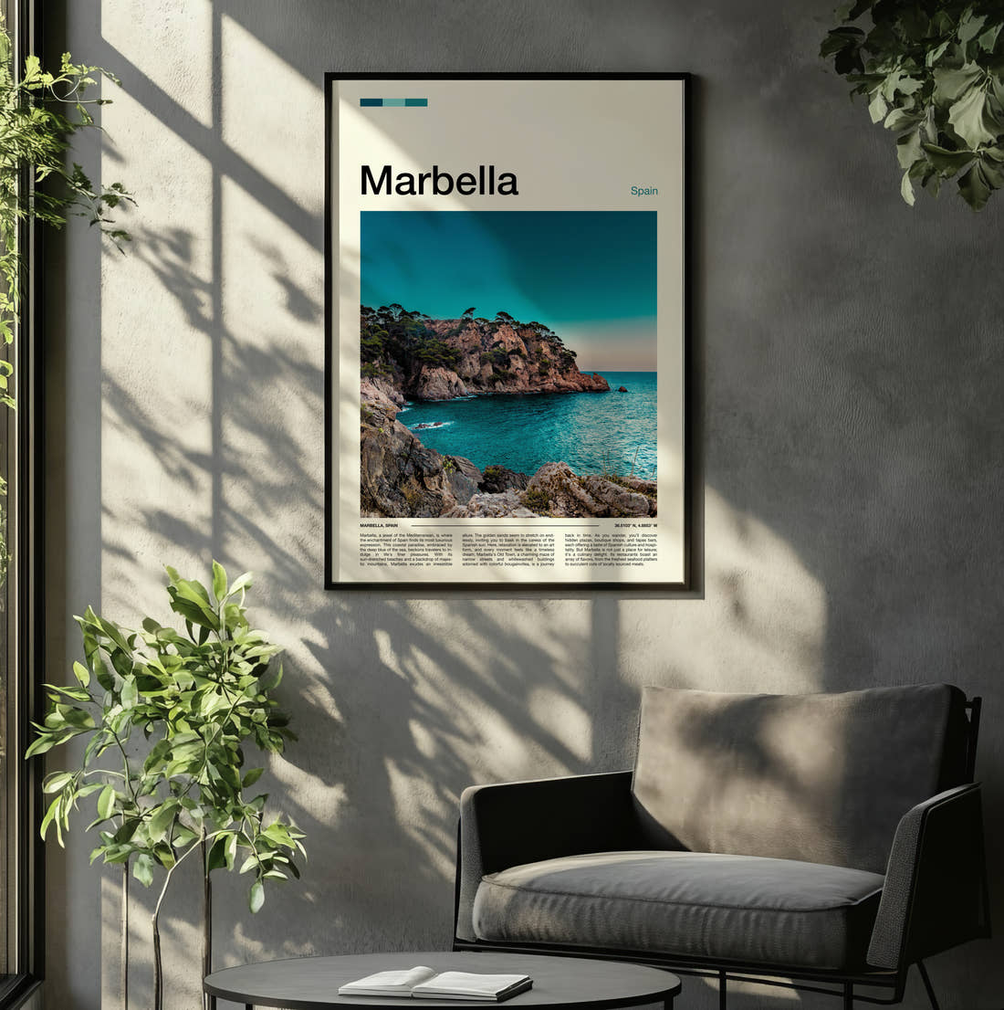 Marbella Rocky Coastline Travel Print framed on the wall of a relaxed living room