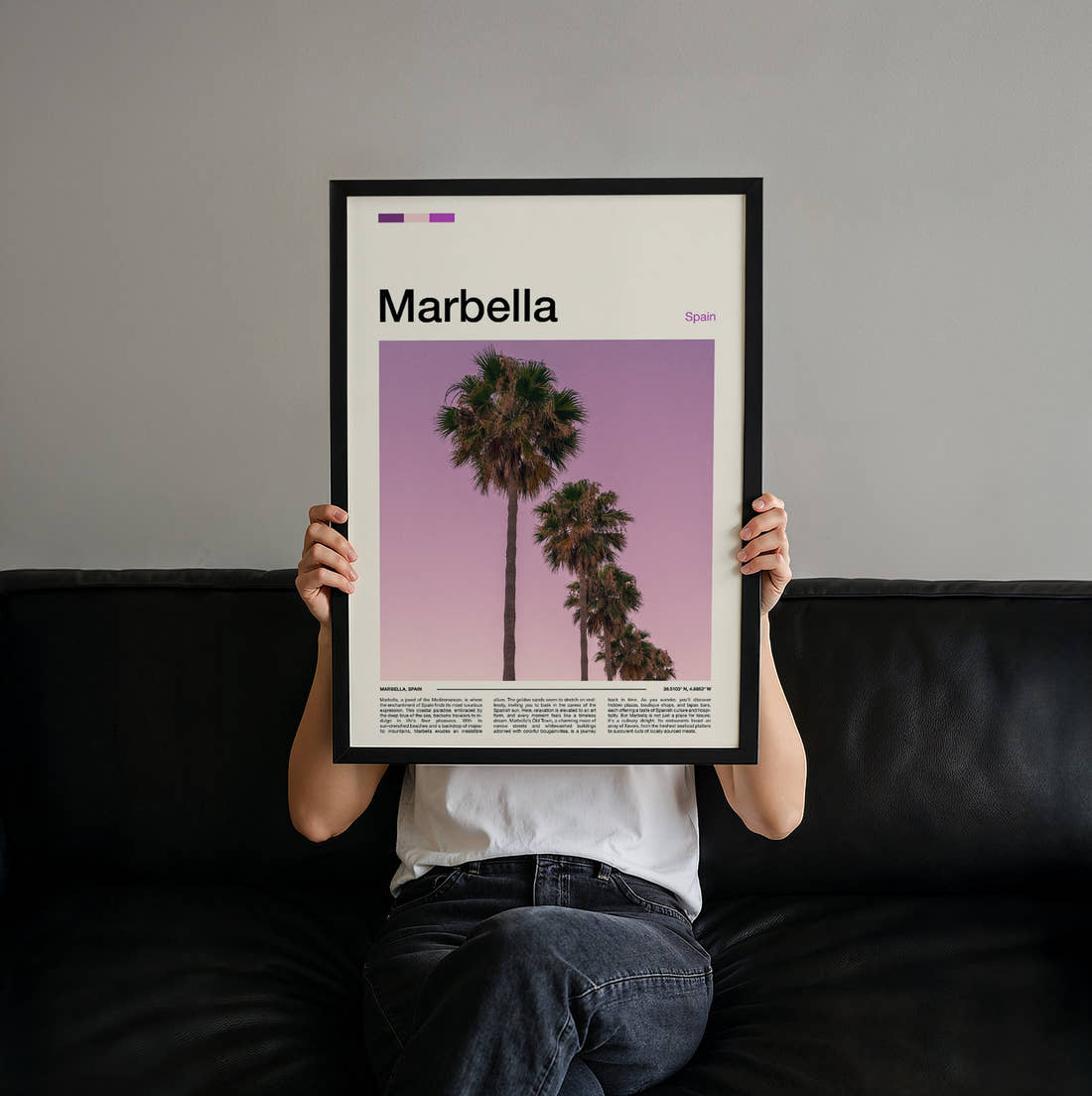 Marbella Palms Against Pink Sky Travel Print held up by hand to show the size of the print