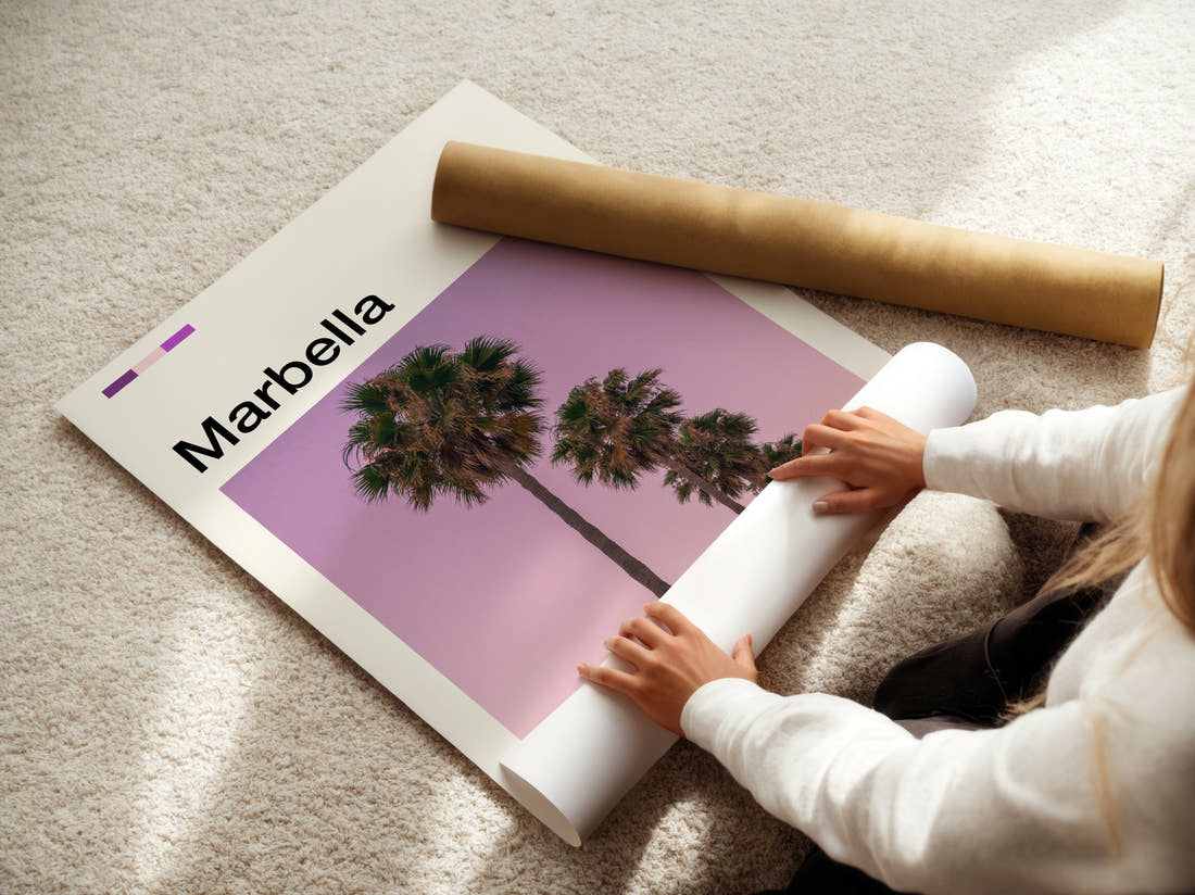 Marbella Palms Against Pink Sky Travel Print being unrolled from its postal tube