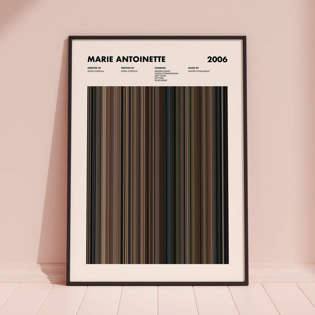 Marie Antoinette Movie Barcode Poster framed and leaning against a coloured wall