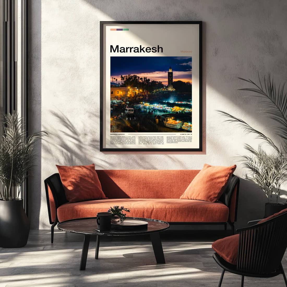 Marrakesh Night Market Travel Print framed on the wall of a modern living room