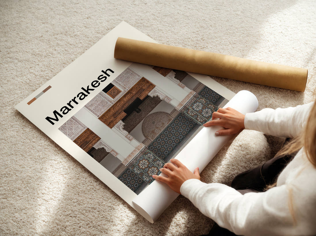 Marrakesh Tiled Archway Travel Print being unrolled from its postal tube