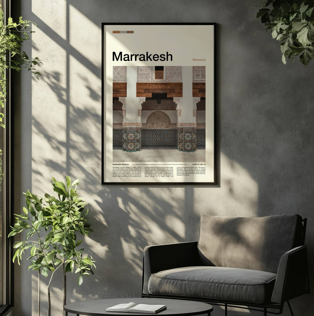 Marrakesh Tiled Archway Travel Print framed on the wall of a relaxed living room
