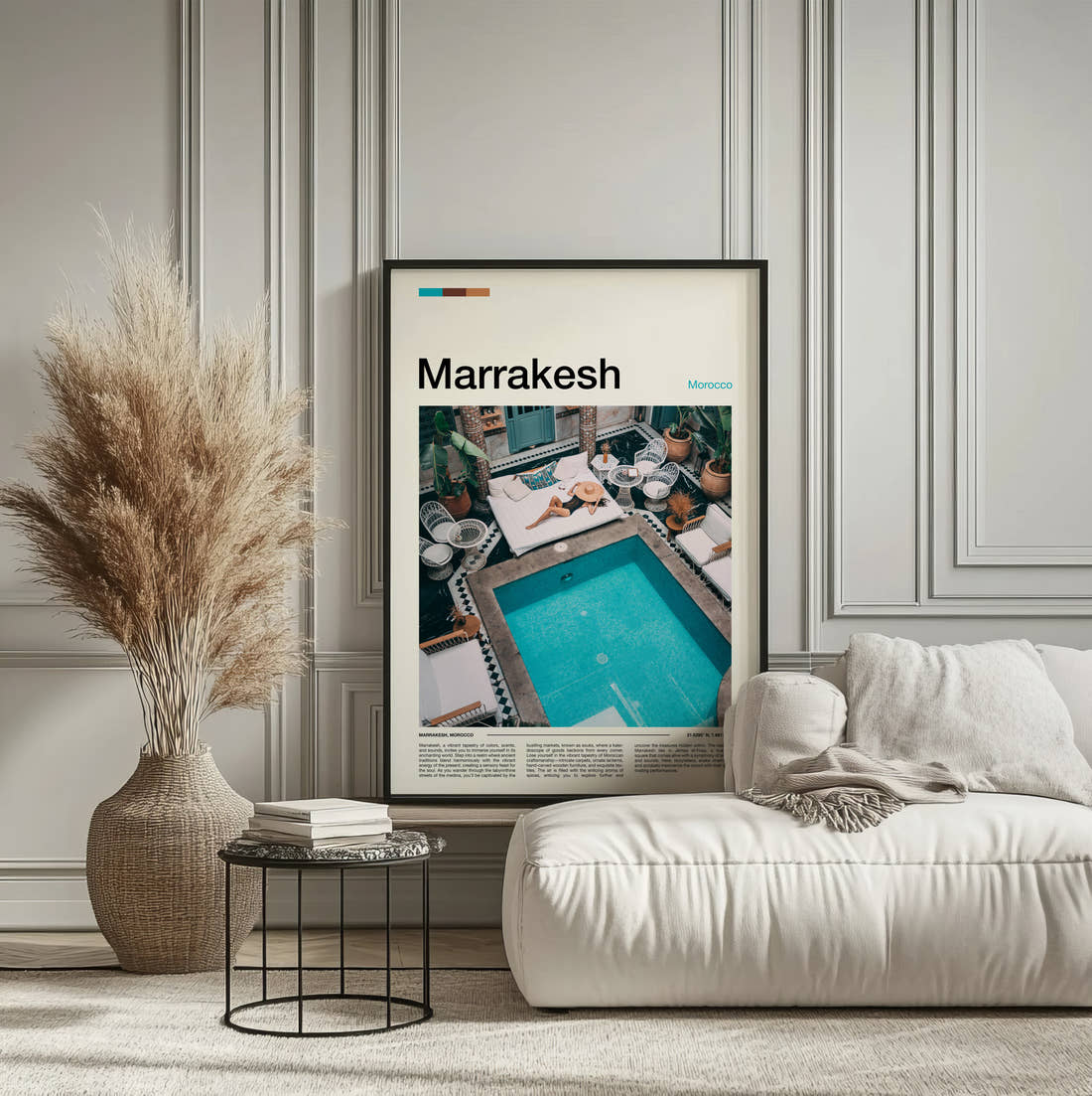 Marrakesh Courtyard Swimming Pool Travel Print framed on the wall of a calm, neutral bedroom