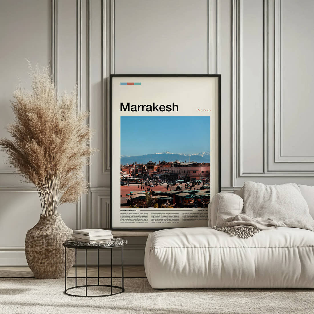 Marrakesh Jemaa El-Fnaa Square Travel Print framed on the wall of a calm, neutral bedroom