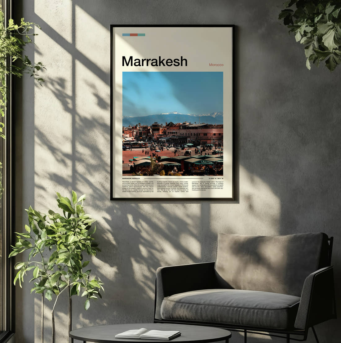 Marrakesh Jemaa El-Fnaa Square Travel Print framed on the wall of a relaxed living room