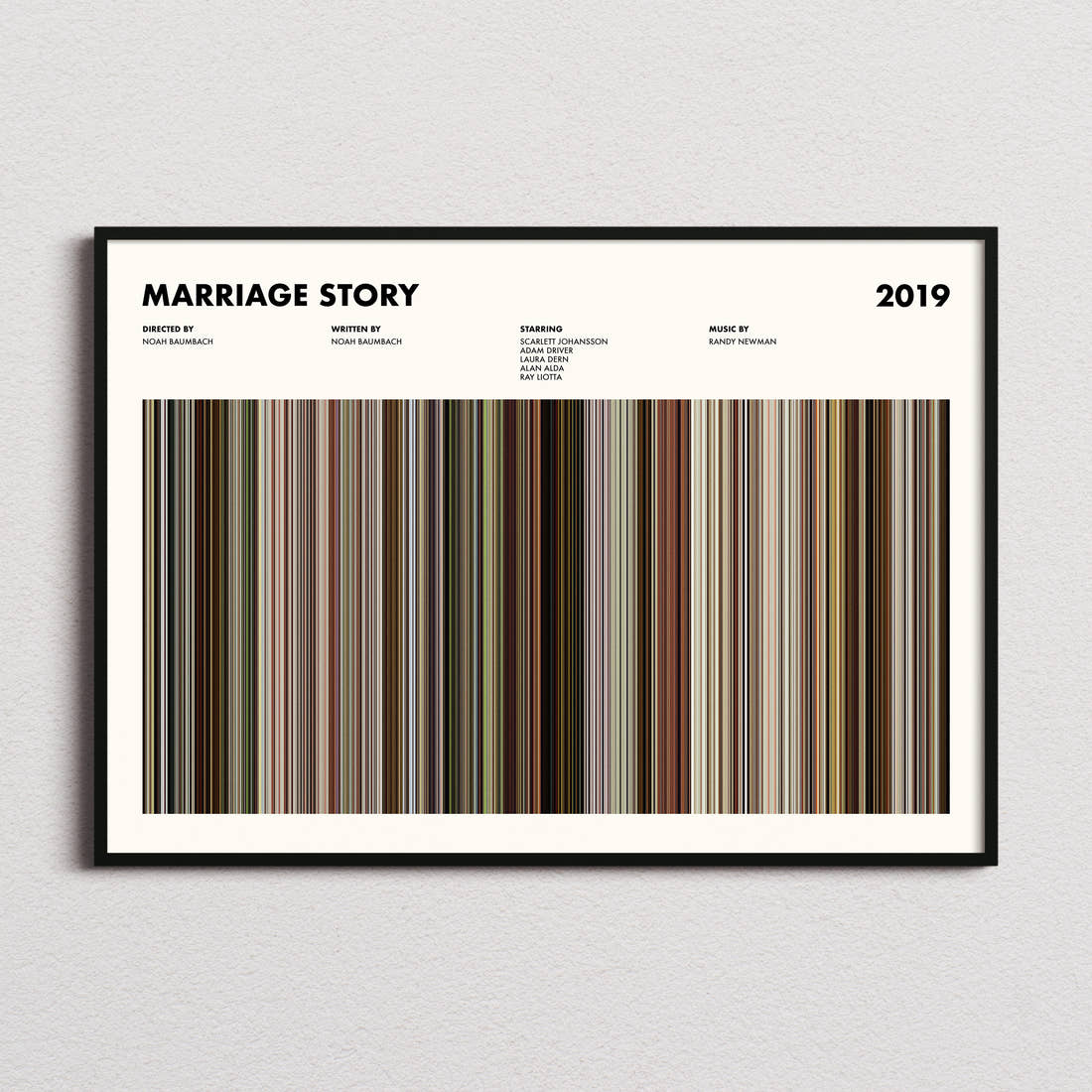 Marriage Story Movie Barcode Poster framed and photographed straight on