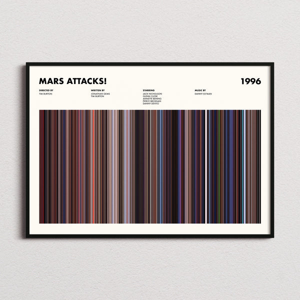 Mars Attacks! Movie Barcode Poster framed and photographed straight on