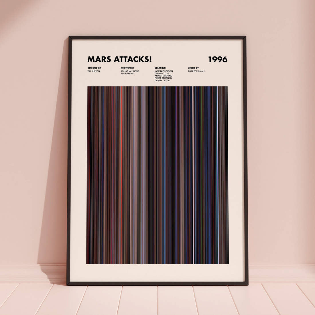 Mars Attacks! Movie Barcode Poster framed and leaning against a coloured wall