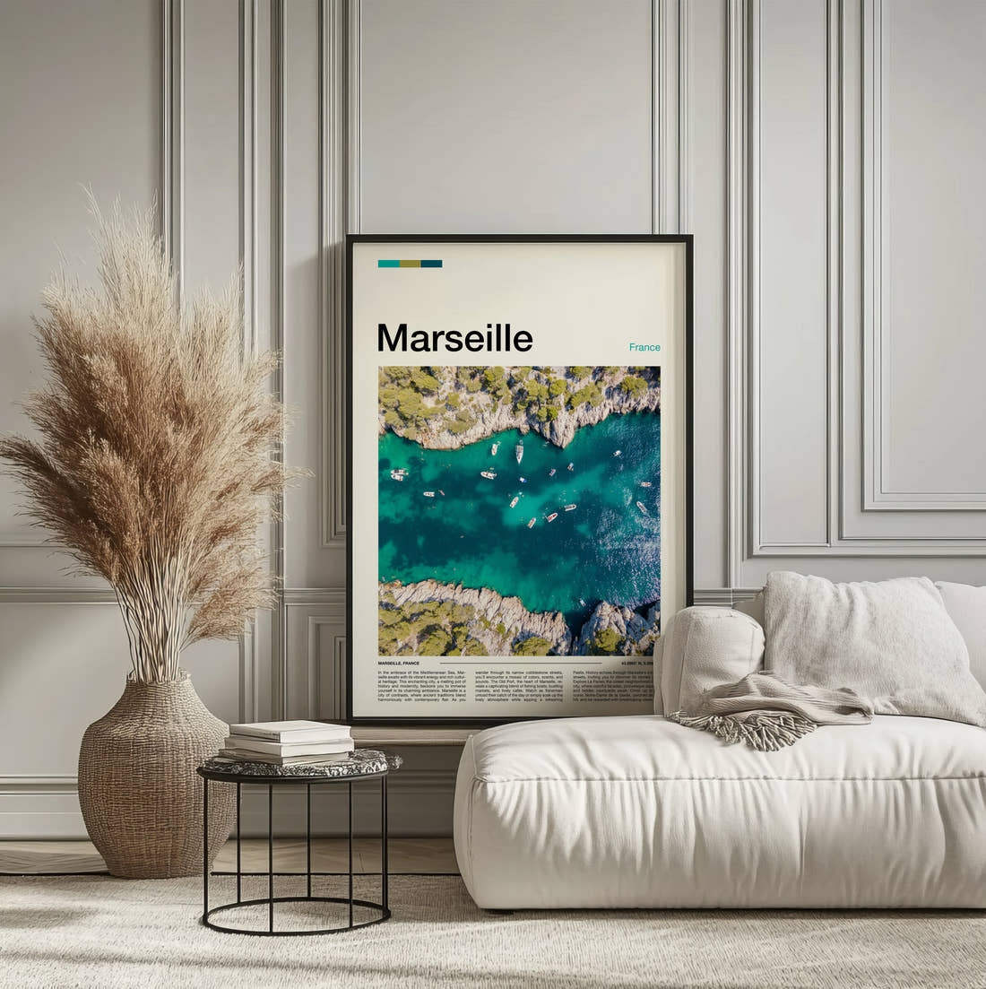 Marseille Rocky Cove From Above Travel Print framed on the wall of a calm, neutral bedroom