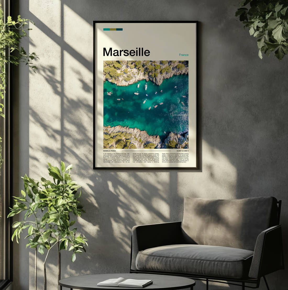 Marseille Rocky Cove From Above Travel Print framed on the wall of a relaxed living room