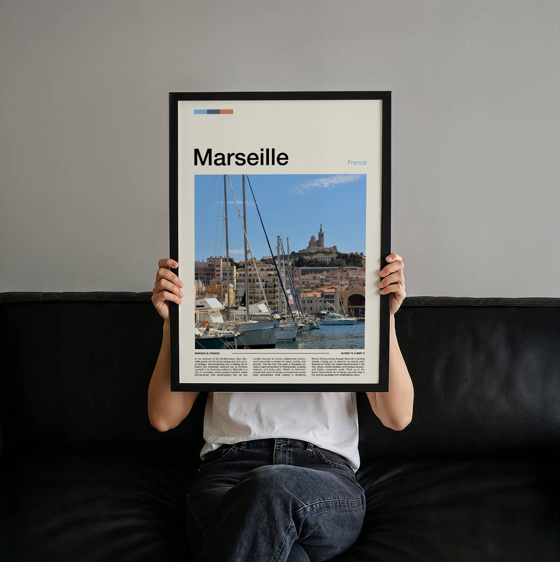 Marseille Old Port Yachts Travel Print held up by hand to show the size of the print