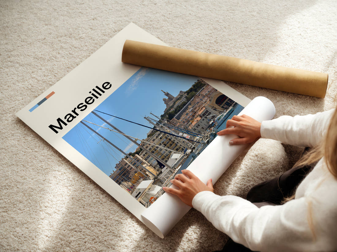 Marseille Old Port Yachts Travel Print being unrolled from its postal tube