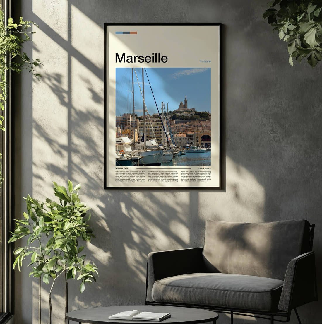 Marseille Old Port Yachts Travel Print framed on the wall of a relaxed living room