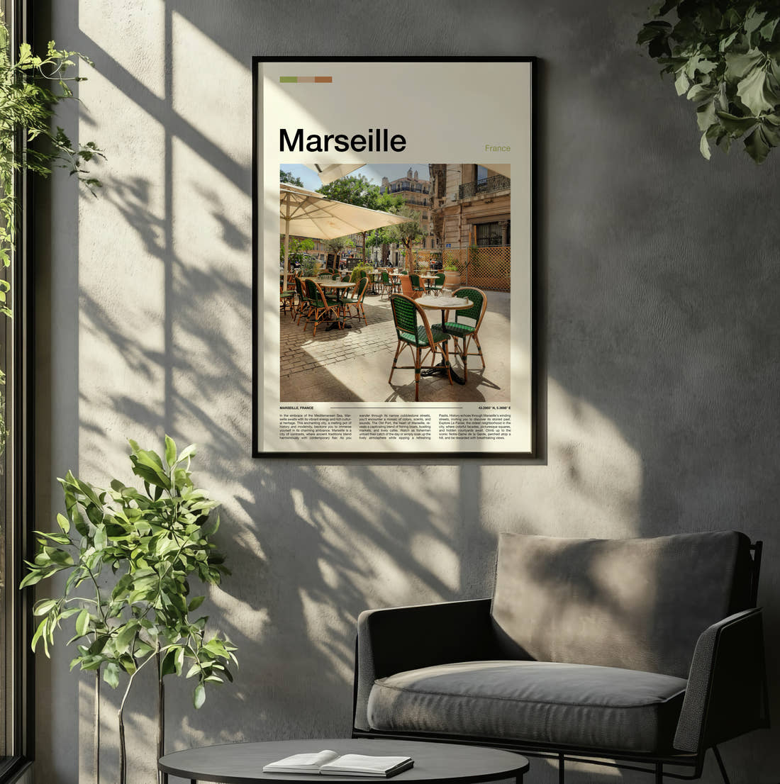 Marseille Cafe Terrace Travel Print framed on the wall of a relaxed living room