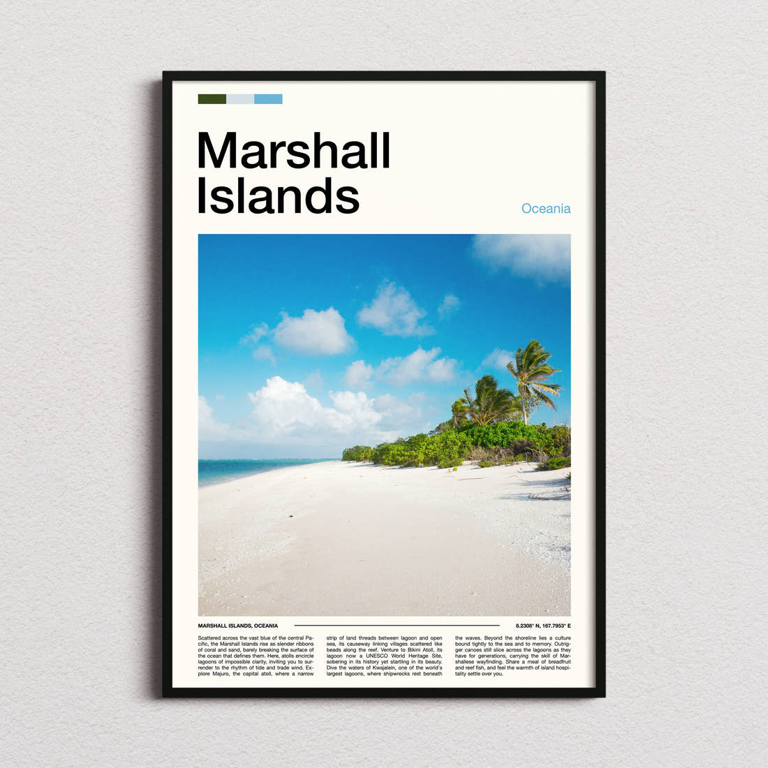 Marshall Islands Palm-Fringed Beach Travel Print framed and photographed straight on