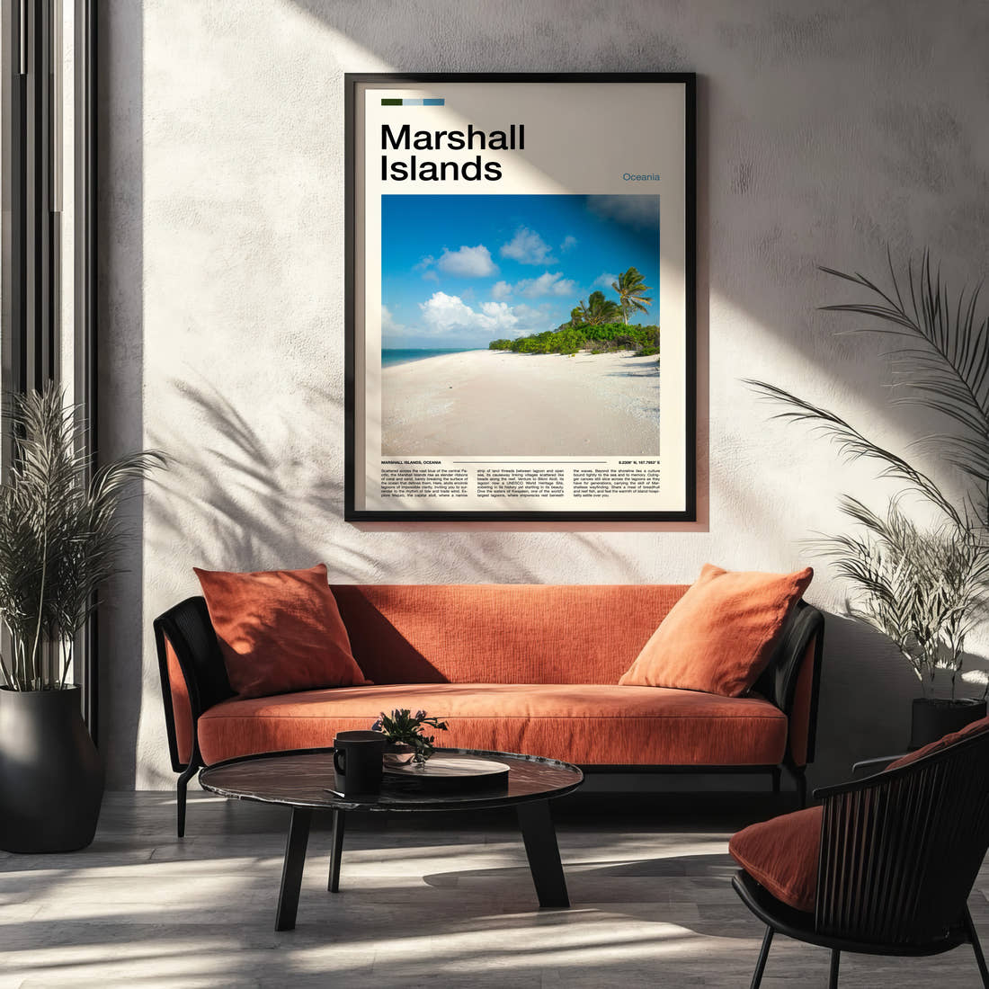 Marshall Islands Palm-Fringed Beach Travel Print framed on the wall of a modern living room