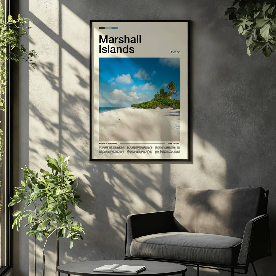 Marshall Islands Palm-Fringed Beach Travel Print framed on the wall of a relaxed living room
