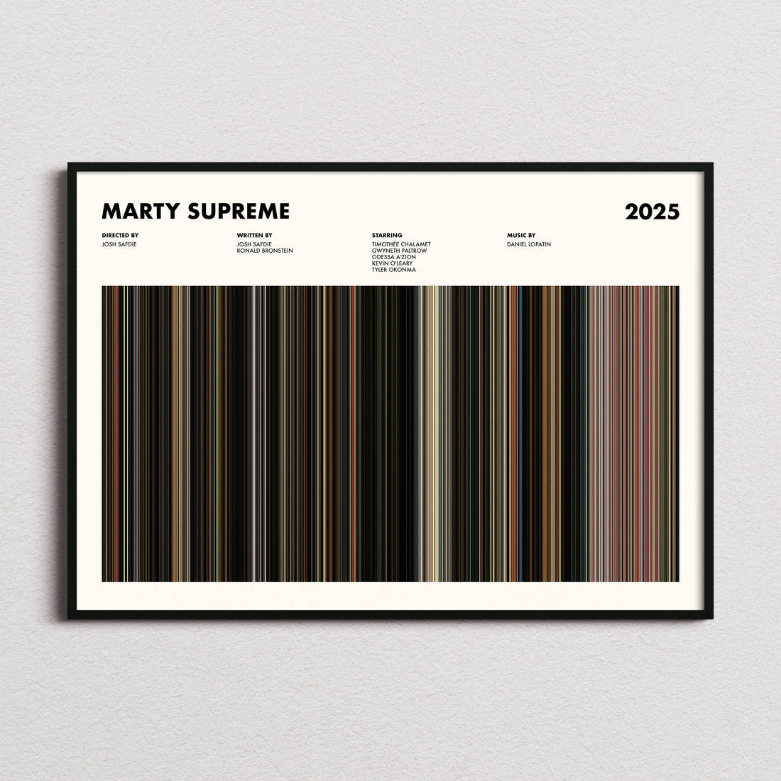 Marty Supreme Movie Barcode Poster framed and photographed straight on